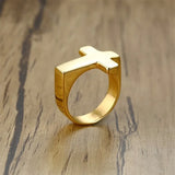 Herrenring mit flachem Kreuz in Hochglanz Edelstahl Goldfarben - Siegelring-shop