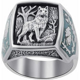 Herrenring aus Silber mit Wolfs-Emblem und Türkis-Einlagen im Southwestern-Stil