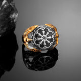 Odin's Crow Ring mit Norse Runes Edelstahl mit goldenen Drakkar-Design