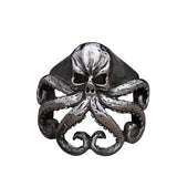 Gothischer Edelstahl Herrenring mit Oktopus- und Totenkopfmotiv in Silberoptik - Siegelring-shop