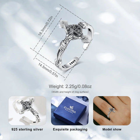 Ring aus 925 Sterling Silber mit Christusfigur Vintage St. Benedikt Amulett Ring