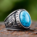 Ring mit Türkisgemme und Wolfsmotiv aus Edelstahl  mit Rune und mattem Finis