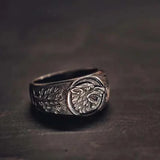 Viking-Ring aus Sterlingsilber mit Wolfsemblem und filigranem Blattdesign