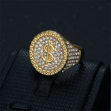 Hip Hop Iced Out Ring mit Dollarzeichen aus goldfarbenem Edelstahl und strahlendenKristallen für Herren - Siegelring-shop