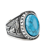 Ring mit Türkisgemme und Wolfsmotiv aus Edelstahl  mit Rune und mattem Finis