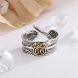Retro Silberplattierter Kupfer Ring mit geöffneter Feder und "Route 66
