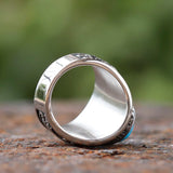 Ring mit Türkisgemme und Wolfsmotiv aus Edelstahl  mit Rune und mattem Finis