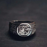 Viking-Ring aus Sterlingsilber mit Wolfsemblem und filigranem Blattdesign