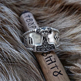 Silberne Thor-Hammer Ring für Herren mit antiken nordischen Runen
