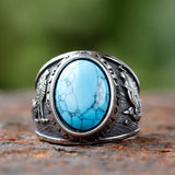 Ring mit Türkisgemme und Wolfsmotiv aus Edelstahl  mit Rune und mattem Finis