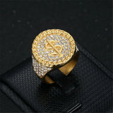 Hip Hop Iced Out Ring mit Dollarzeichen aus goldfarbenem Edelstahl und strahlendenKristallen für Herren - Siegelring-shop