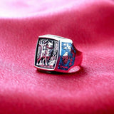 Herrenring aus Silber mit Wolfs-Emblem und Türkis-Einlagen im Southwestern-Stil