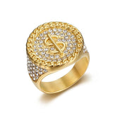Hip Hop Iced Out Ring mit Dollarzeichen aus goldfarbenem Edelstahl und strahlendenKristallen für Herren - Siegelring-shop