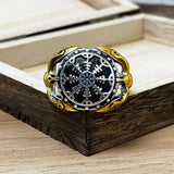 Odin's Crow Ring mit Norse Runes Edelstahl mit goldenen Drakkar-Design