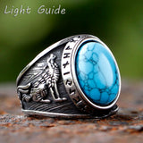 Ring mit Türkisgemme und Wolfsmotiv aus Edelstahl  mit Rune und mattem Finis
