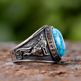 Ring mit Türkisgemme und Wolfsmotiv aus Edelstahl  mit Rune und mattem Finis