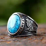 Ring mit Türkisgemme und Wolfsmotiv aus Edelstahl  mit Rune und mattem Finis