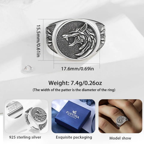 925er Sterlingsilber Viking Wolf Siegelring für Männer mit verzierte