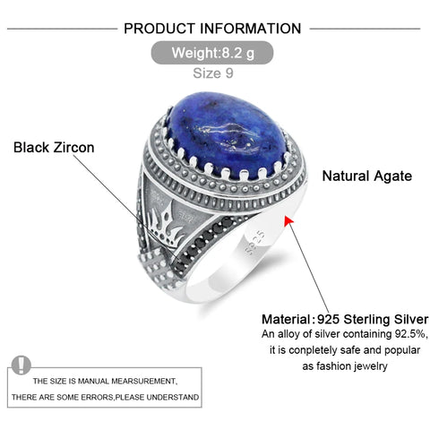 Men's ring made of 925 sterling silver with blue lapis lazuli and black zircon