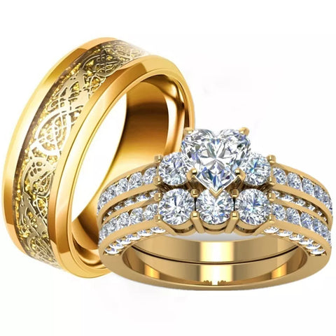 Verlobungsring und Trauring im Set Goldfarben mit filigranem - Siegelring-shop