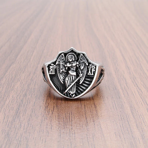 Ring aus 316L Edelstahl mit St. Michael-Emblem Glücks-bringer Schwarz und Silber