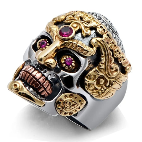 Mexikanische Totenkopf-Ring und silberner Kristallaugenrosa - Siegelring-shop