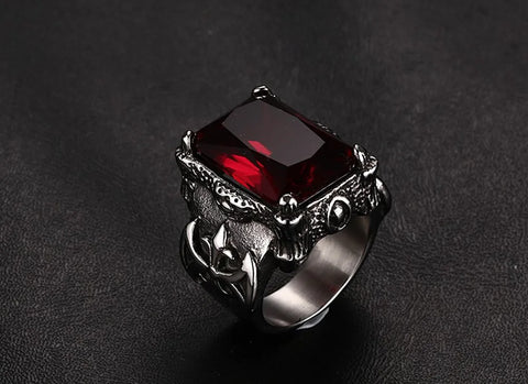 Gothic-Ring mit roten synthetischen Rubinen aus Titan und Edelstah