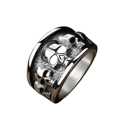 # Stainless Steel Gothic Skull Ring for Men – Ornate Ring with Multiple Skull Design, Black and Silver, Unique Style