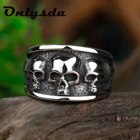 # Stainless Steel Gothic Skull Ring for Men – Ornate Ring with Multiple Skull Design, Black and Silver, Unique Style