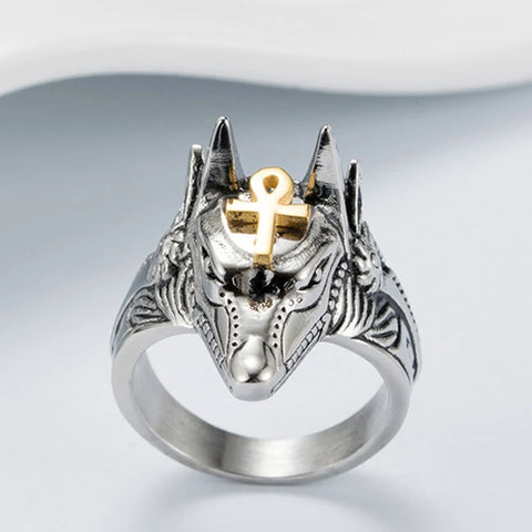 Edelstahl Herrenring mit Anubis-Motiv und goldenem - Siegelring-shop