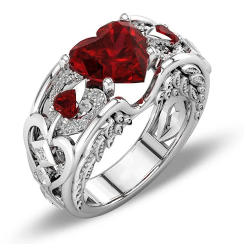 925 Sterling Silber Ring mit rotem Herz-Zirkon und eleganten Verzierunge