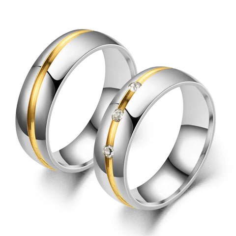 Edelstahl Partnerringe mit Goldakzent und Diamant für Damen und Herren - Siegelring-shop