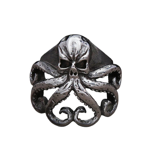 Gothischer Edelstahl Herrenring mit Oktopus- und Totenkopfmotiv in Silberoptik