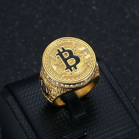 Herren-Siegelring mit Bitcoin-Emblem, Goldfarben mit Kristallverzierung - Siegelring-shop