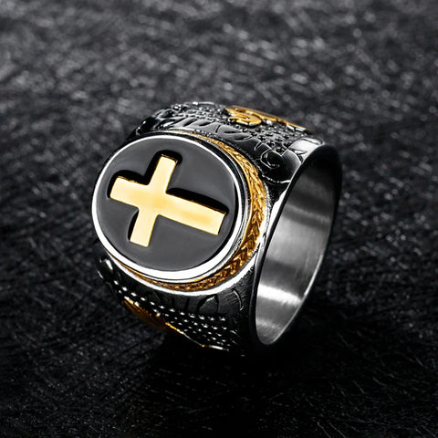 Herren-Siegelring mit Kreuz Emblem in Schwarz und Gold Edelstahl