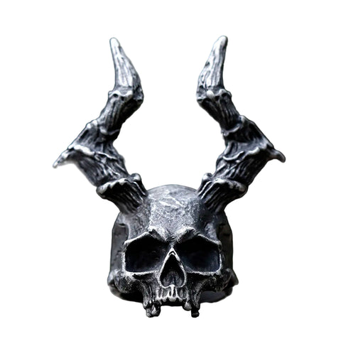 Edelstahl Skull Ring für Männer mit Hörnern Schwarz
