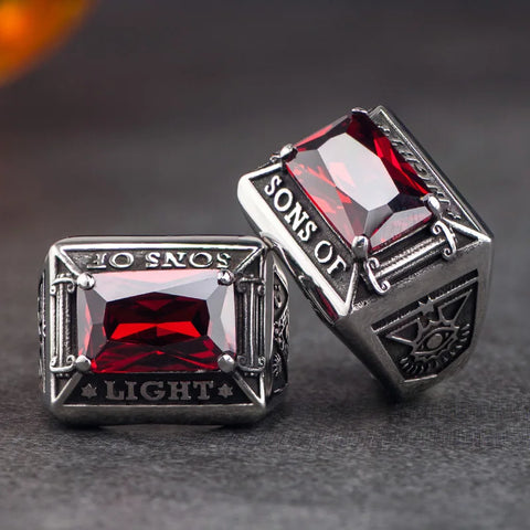 Freimaurer-Signetring mit künstlichem Rubi Edelstahl mit Gravur "Sons of Light"