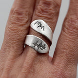 925er Sterling Silber Ring mit Berg- und Baum-Engravierung im einfachen Stil