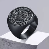 Herren-Siegelring mit nordischem Wolf Vegvisir und Valknut in Schwarz - Siegelring-shop