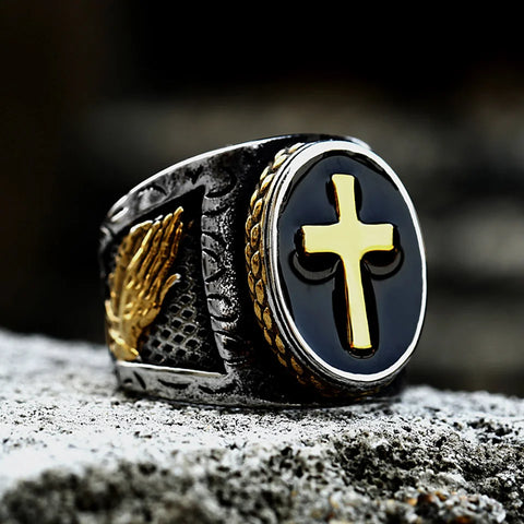 Herren-Siegelring mit Kreuz Emblem in Schwarz und Gold Edelstahl