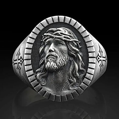 Herren Siegelring mit Jesus-Kreuzgravur in Vintage Silberoptik Porträt-Design - Siegelring-shop