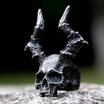 Edelstahl Skull Ring für Männer mit Hörnern Schwarz