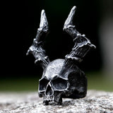 Edelstahl Skull Ring für Männer mit Hörnern Schwarz