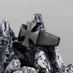 Black stainless steel ring with retro cross emblem for men