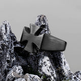 Black stainless steel ring with retro cross emblem for men