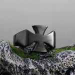 Black stainless steel ring with retro cross emblem for men