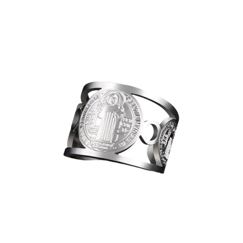 Verstellbarer Ring aus Edelstahl mit Saint Benedict Emblem goldfarbenes