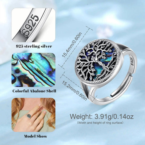 Ring made of 925 sterling silver with tree of life and natural abalone inlay