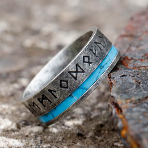 316L Edelstahl Rune Ring für Männer mit blauer Einlag