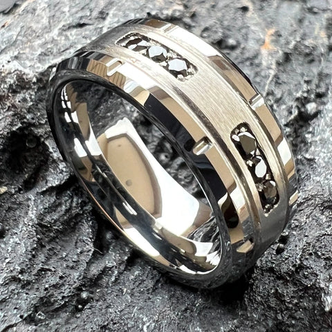 Herren Tungsten Ehering mit Schwarzen Diamanten und Gerilltem - Siegelring-shop